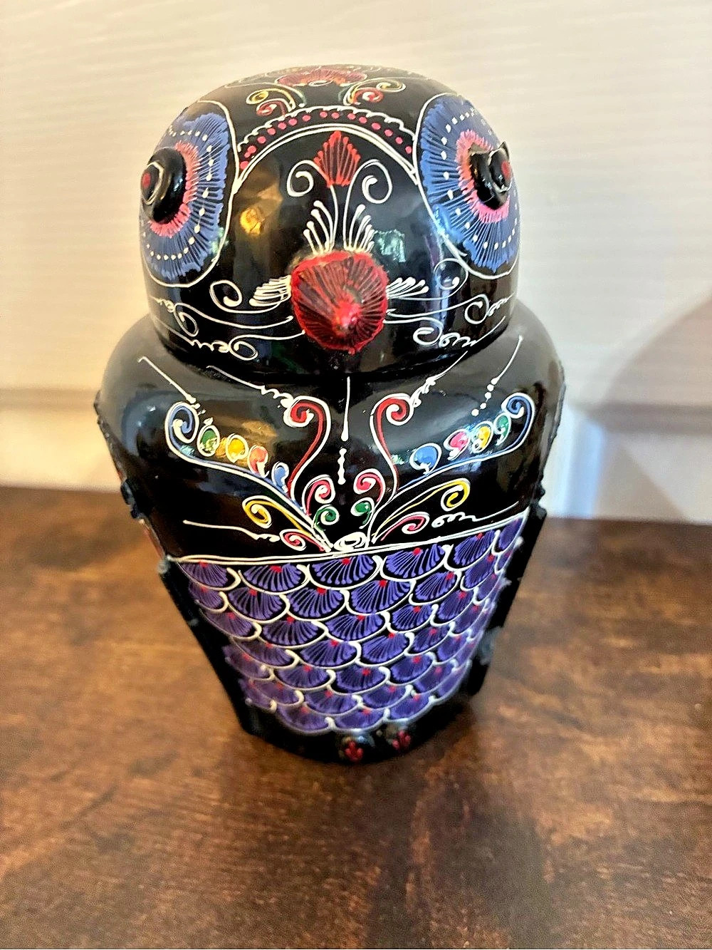 Vintage Burmese lacquerware owl trinket box (or lidded jar)